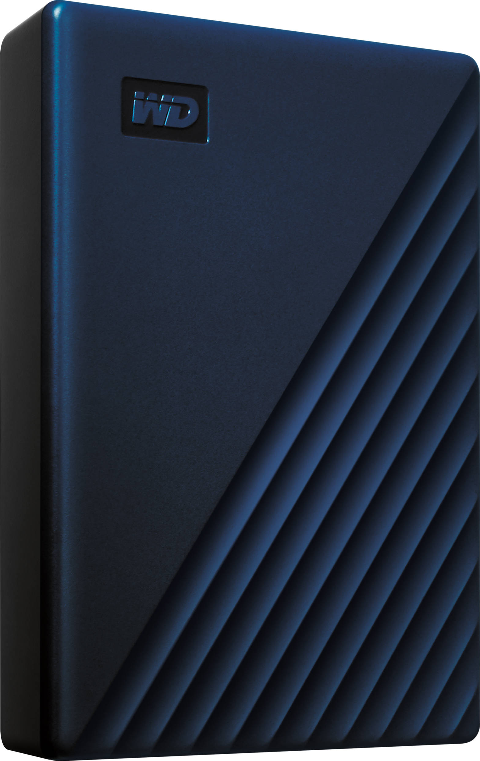 Hard disk esterno blu scuro con logo WD e motivo diagonale su sfondo nero.