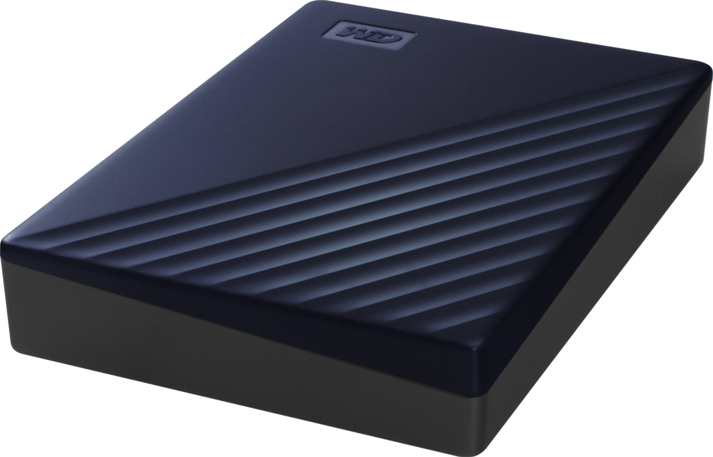 Disco rigido esterno blu navy, strutturato. Base nera. Linee diagonali sulla parte superiore.