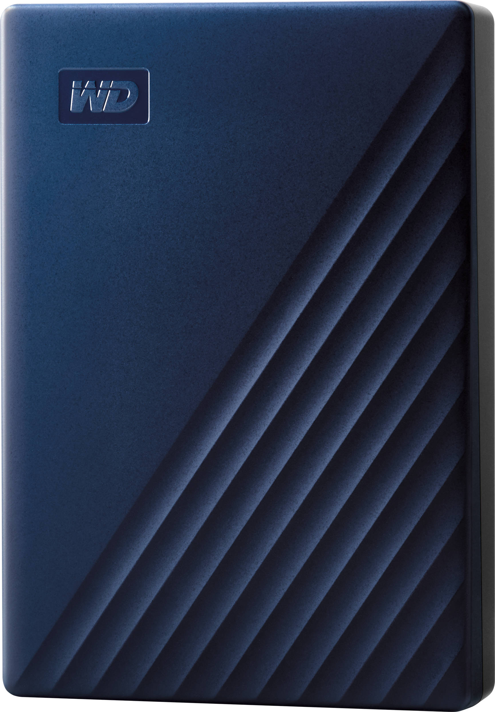 Un disco rigido portatile blu scuro con linee diagonali sulla superficie. Logo WD visibile.