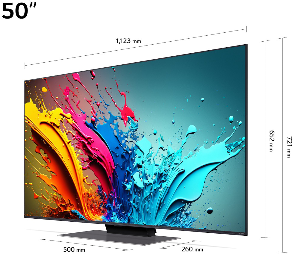 Egy 50"-es TV méretekkel fehér háttérrel.