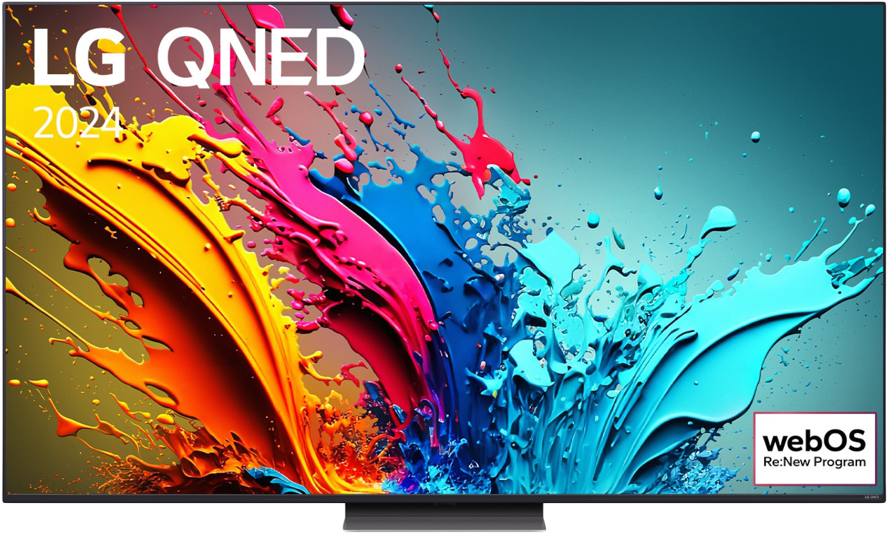 LG QNED TV színes absztrakt művészettel, 'LG QNED 2024' és 'webOS' felirattal.