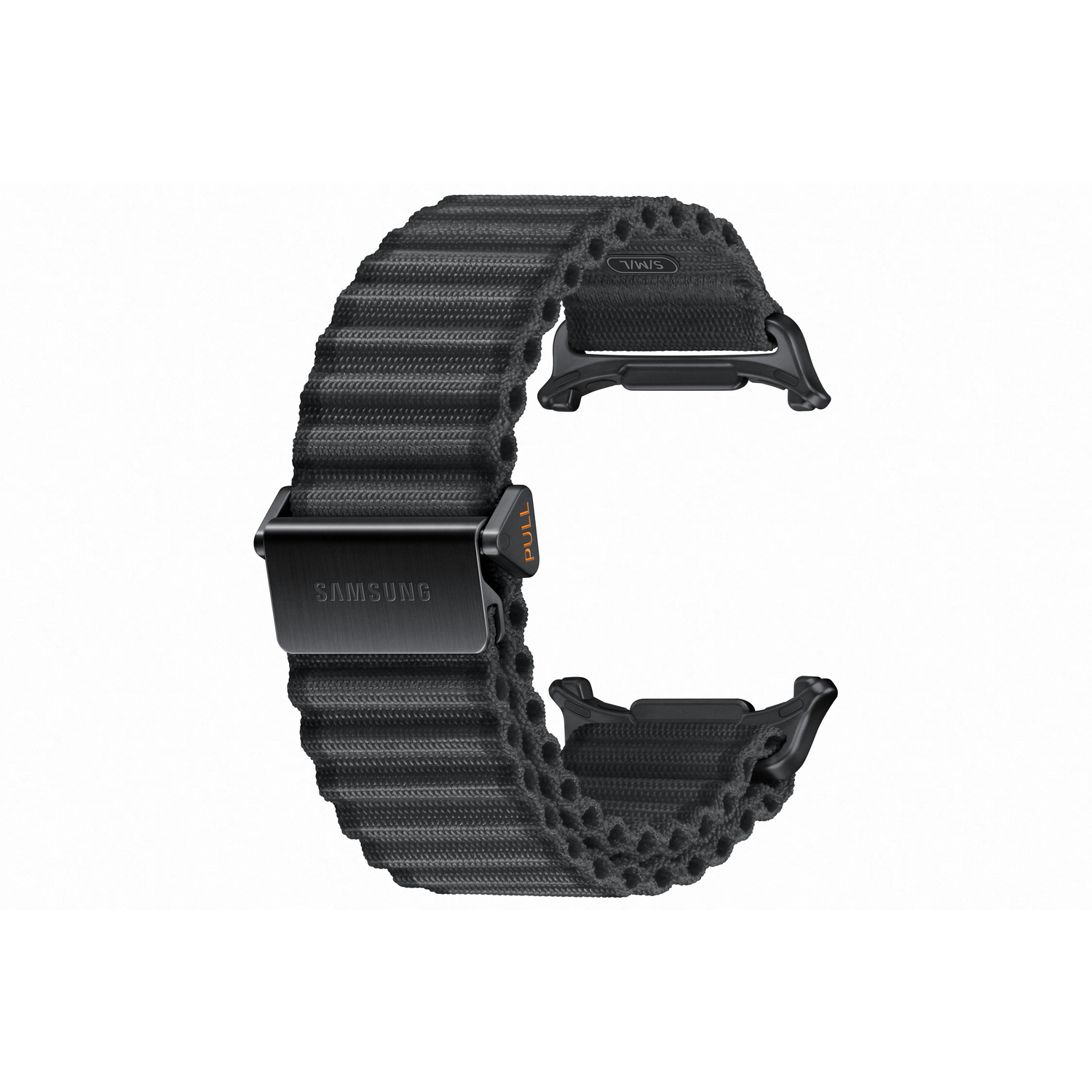 Een zwarte Samsung horlogeband wordt getoond tegen een witte achtergrond. De band heeft een getextureerde stof en een metalen gesp met het Samsung logo.