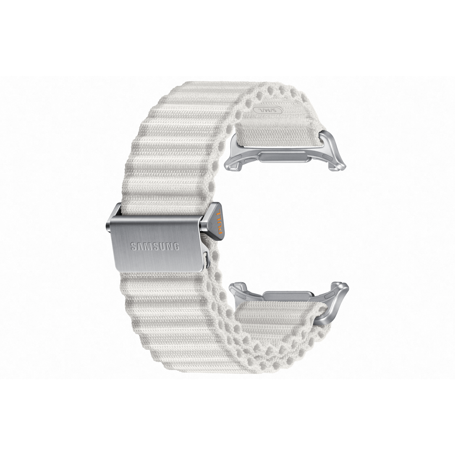 Een witte Samsung horlogeband. De band is gemaakt van geweven materiaal. Het heeft een metalen sluiting en connector. De achtergrond is wit.