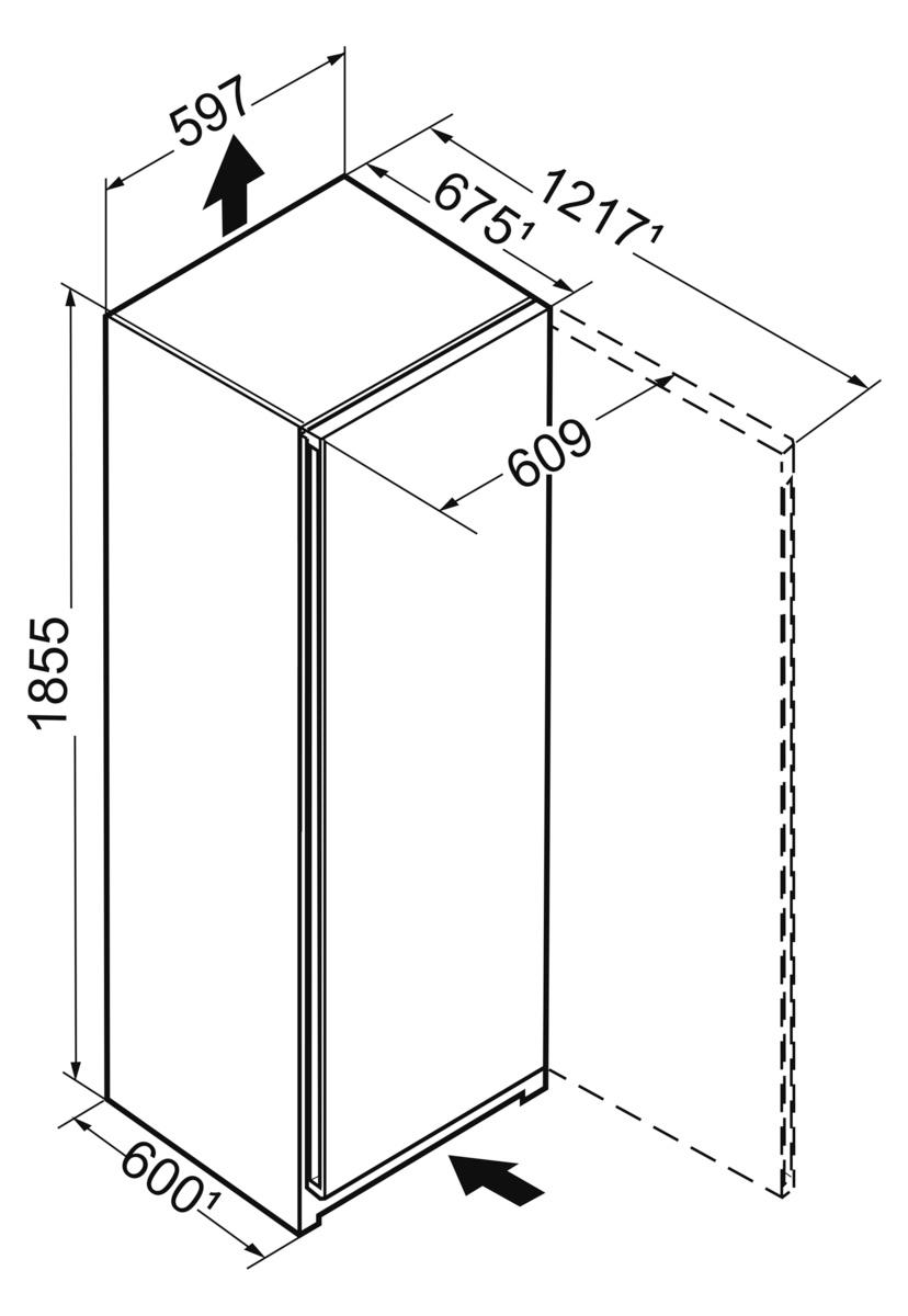 Diagramm mit einem hohen, weißen Kühlschrank mit Abmessungen.