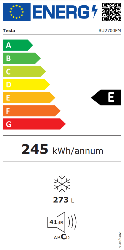 Energia címke hűtőszekrényhez. Megjeleníti az E energiaosztályt és a készülék egyéb adatait.