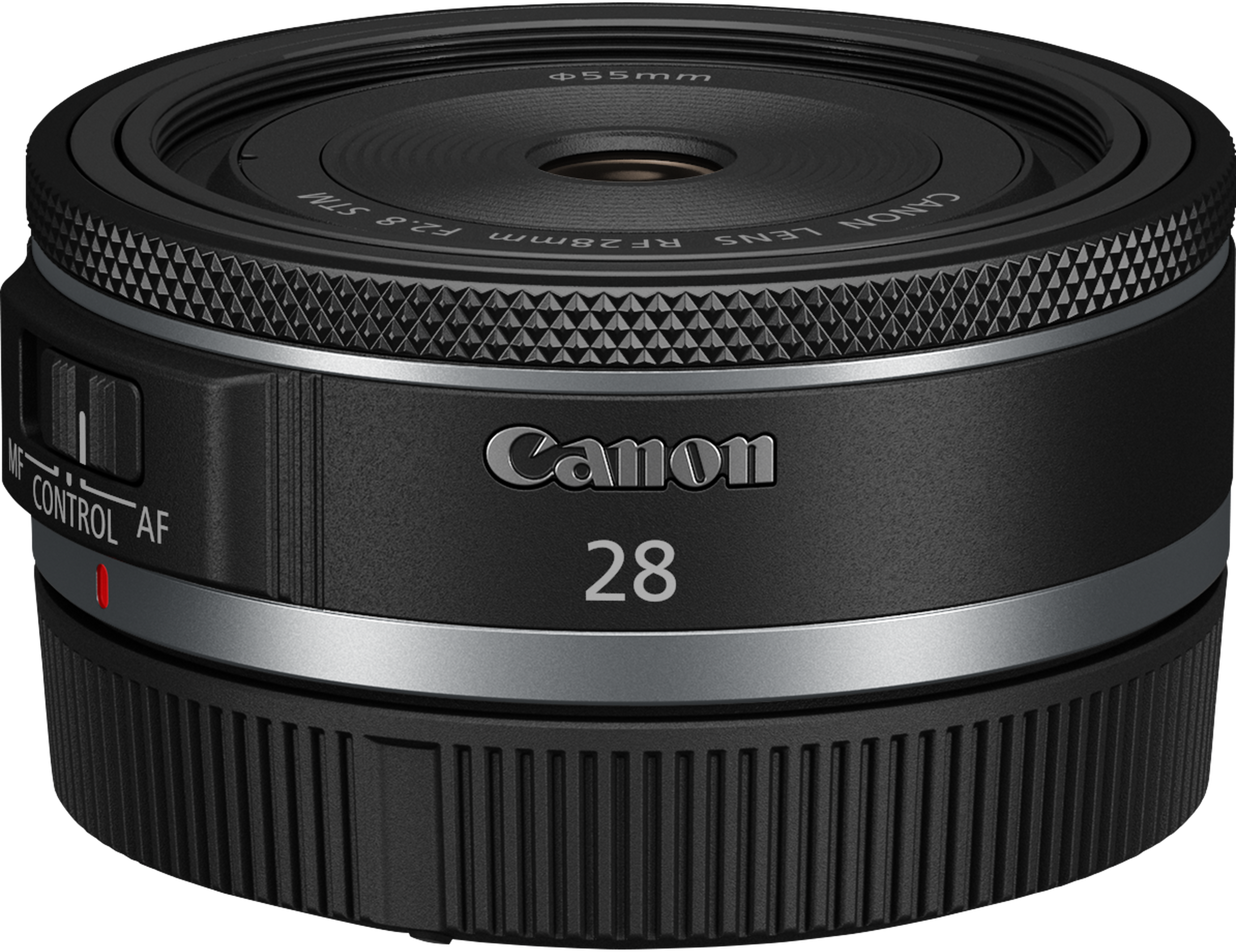 Objectif Canon RF 28mm F2.8 STM noir avec bague de mise au point et marquages.