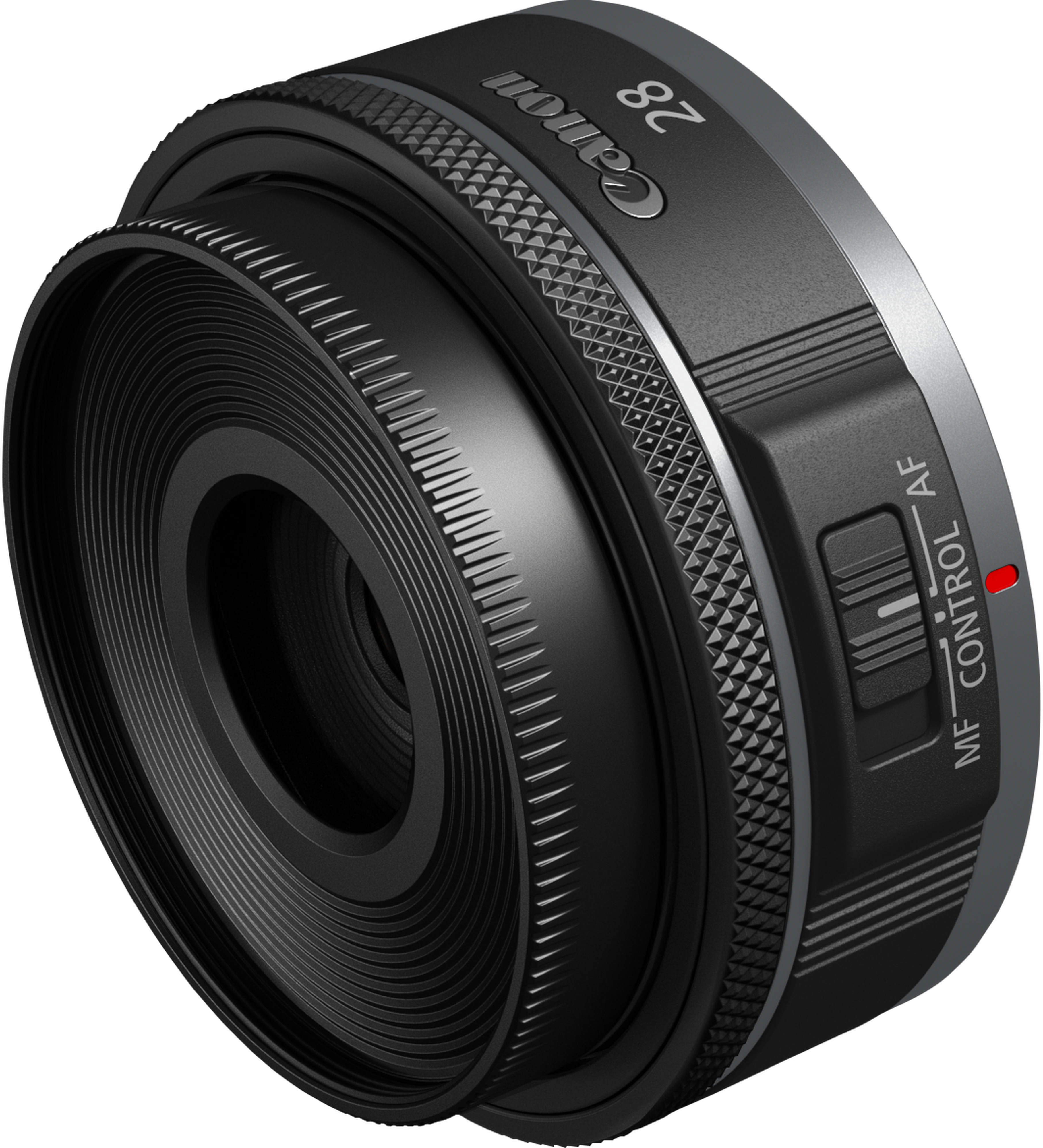 Objectif Canon 28mm noir avec sélecteur AF/MF et bagues texturées.