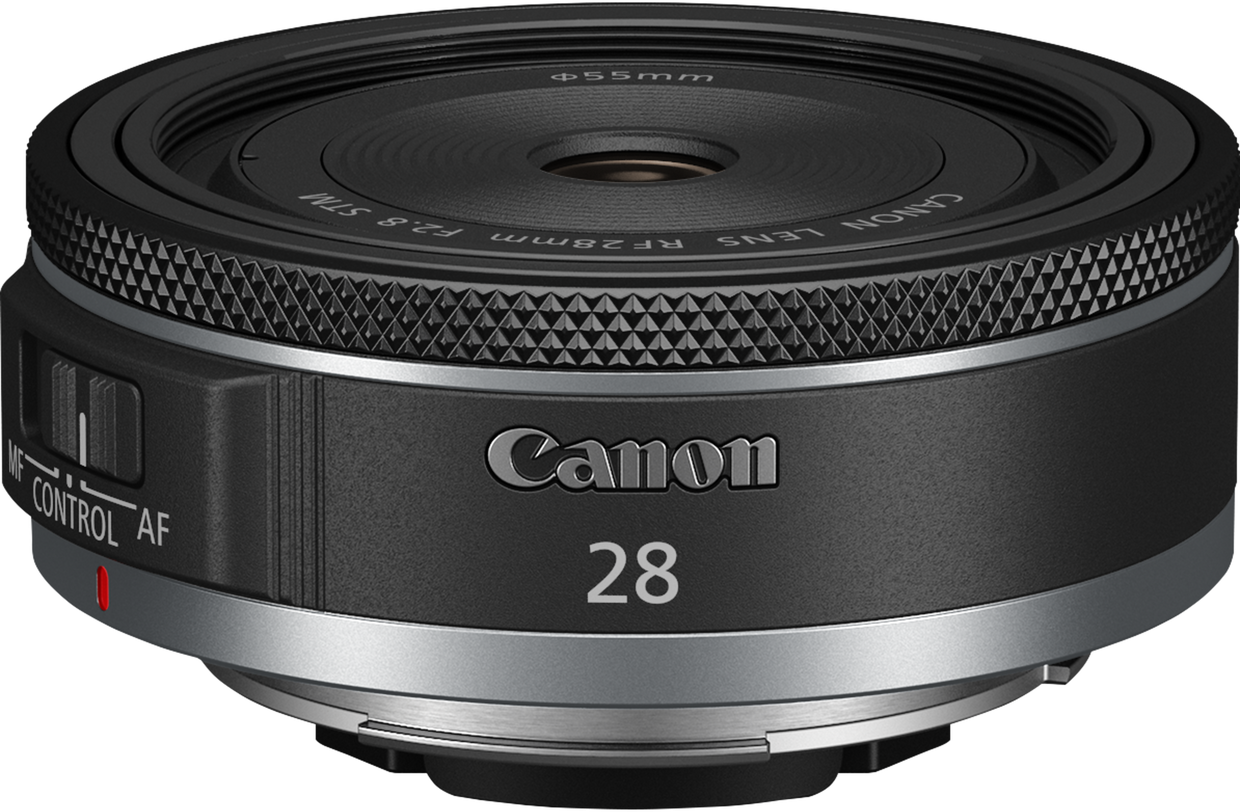Gros plan d'un objectif Canon RF 28mm F2.8 STM noir avec des accents argentés.