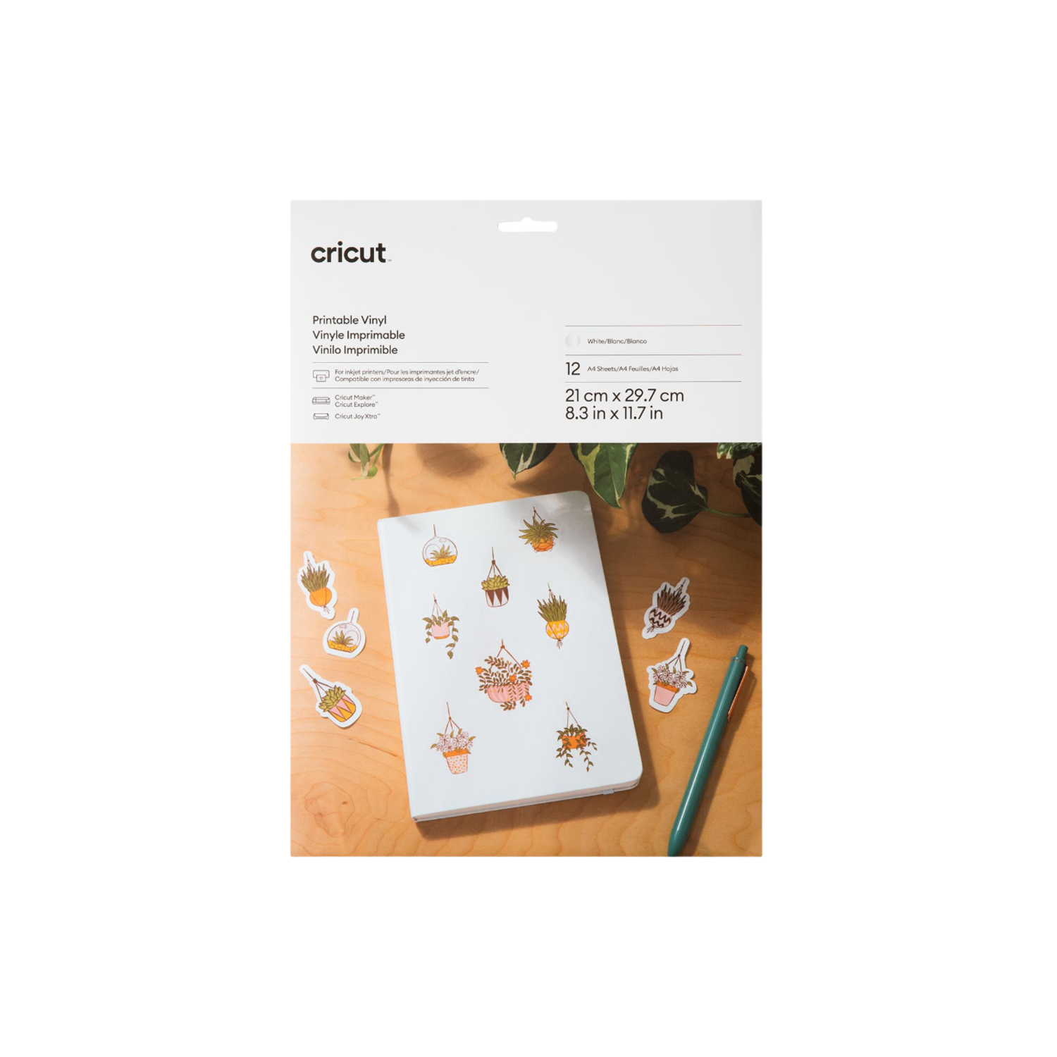 Cricut vinylverpakking met stickers van planten en notitieboekjes. Witte achtergrond, A4-papier.