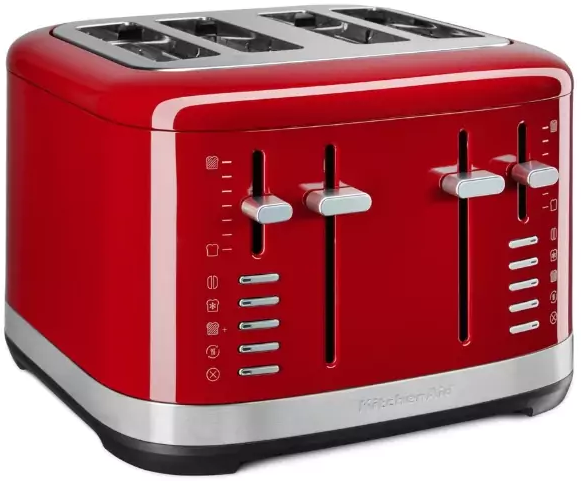 Piros négy szeletes KitchenAid kenyérpirító ezüstös díszítéssel. Különböző beállítások.