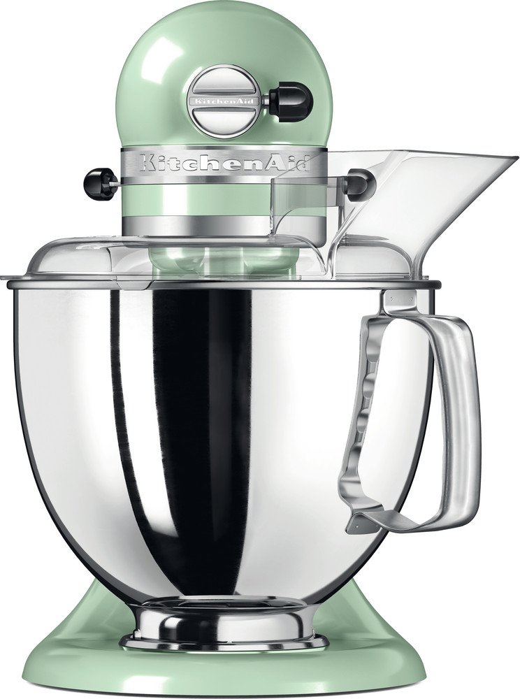 Egy KitchenAid állványos mixer, mentazöld, átlátszó kiöntő pajzzsal.