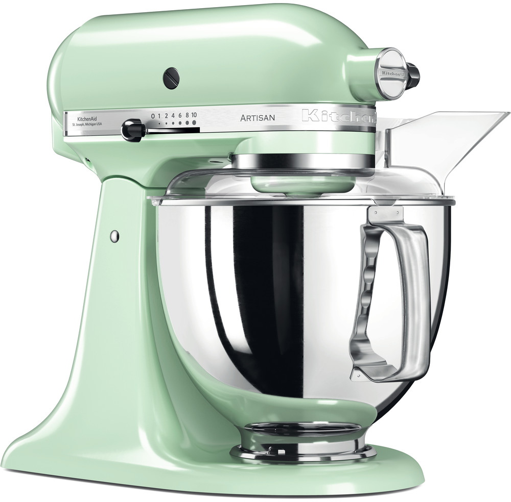 Mentazöld KitchenAid Artisan állványos mixer, átlátszó tálvédővel.
