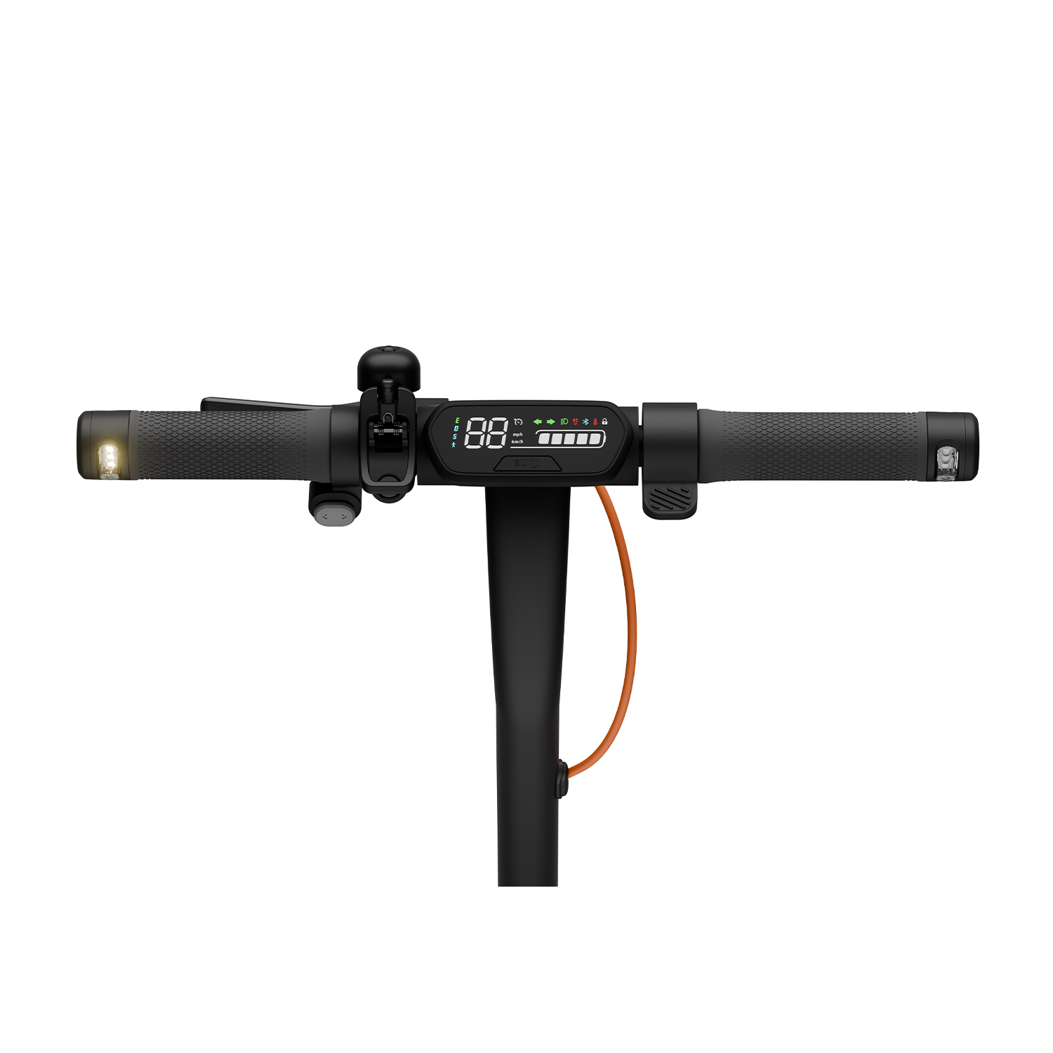 Primo piano del manubrio di uno scooter elettrico con display, campanello e luce.