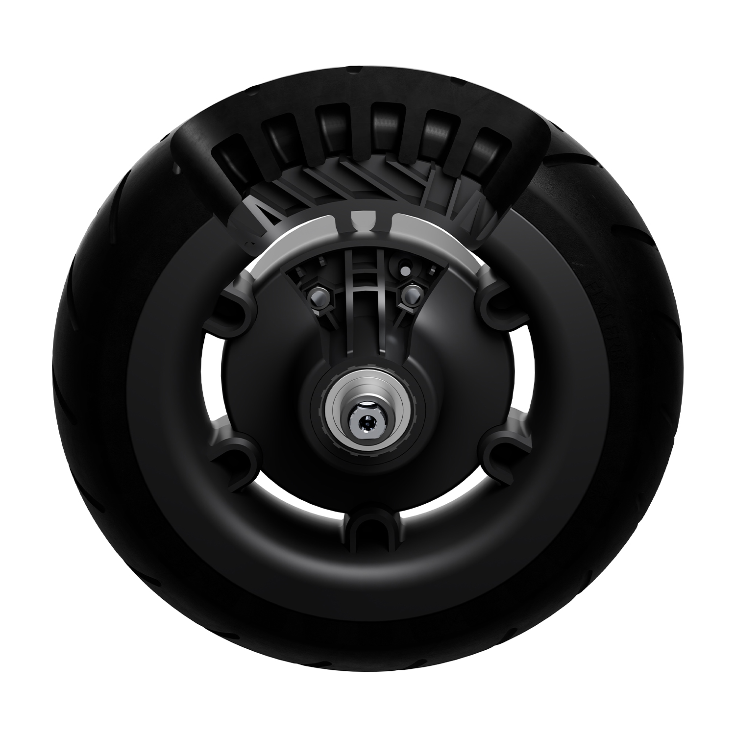 Ruota di scooter nera con vista in sezione trasversale, che rivela la meccanica interna e uno pneumatico nero.