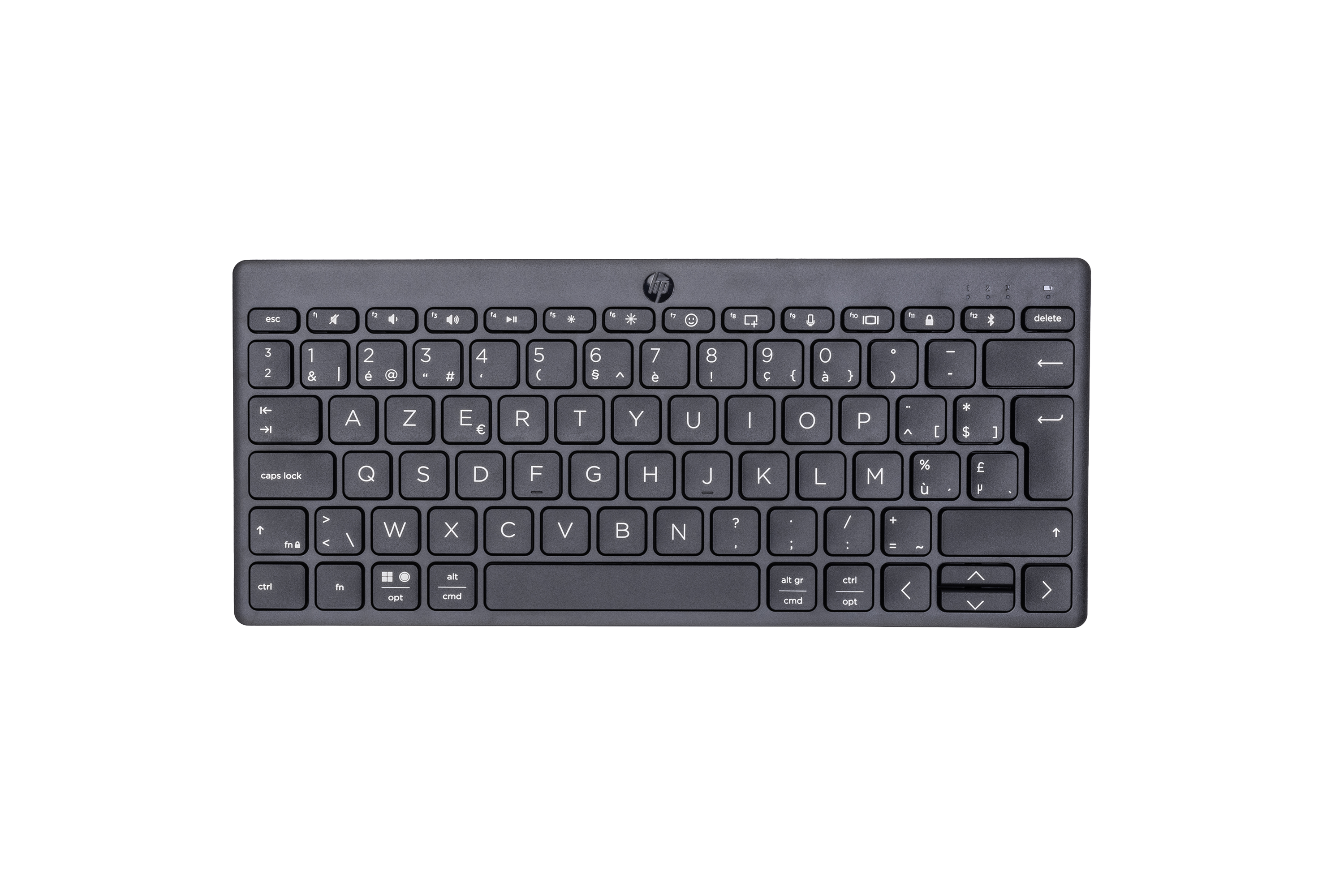 Black keyboard with white keys, with HP logo and a row of function keys.