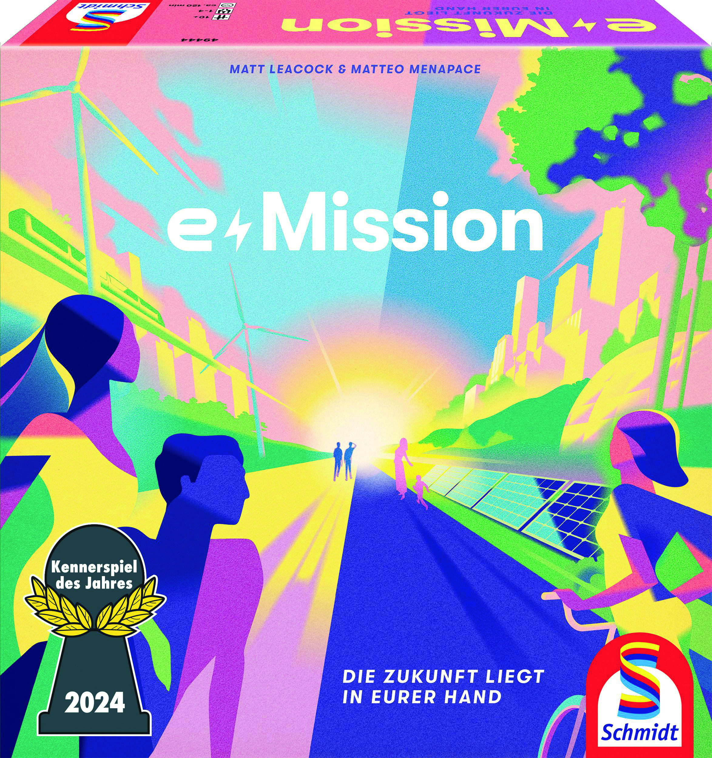 Brettspielbox mit farbenfroher Illustration. Es steht 'e4Mission' darauf, mit Personen und einer Stadt.