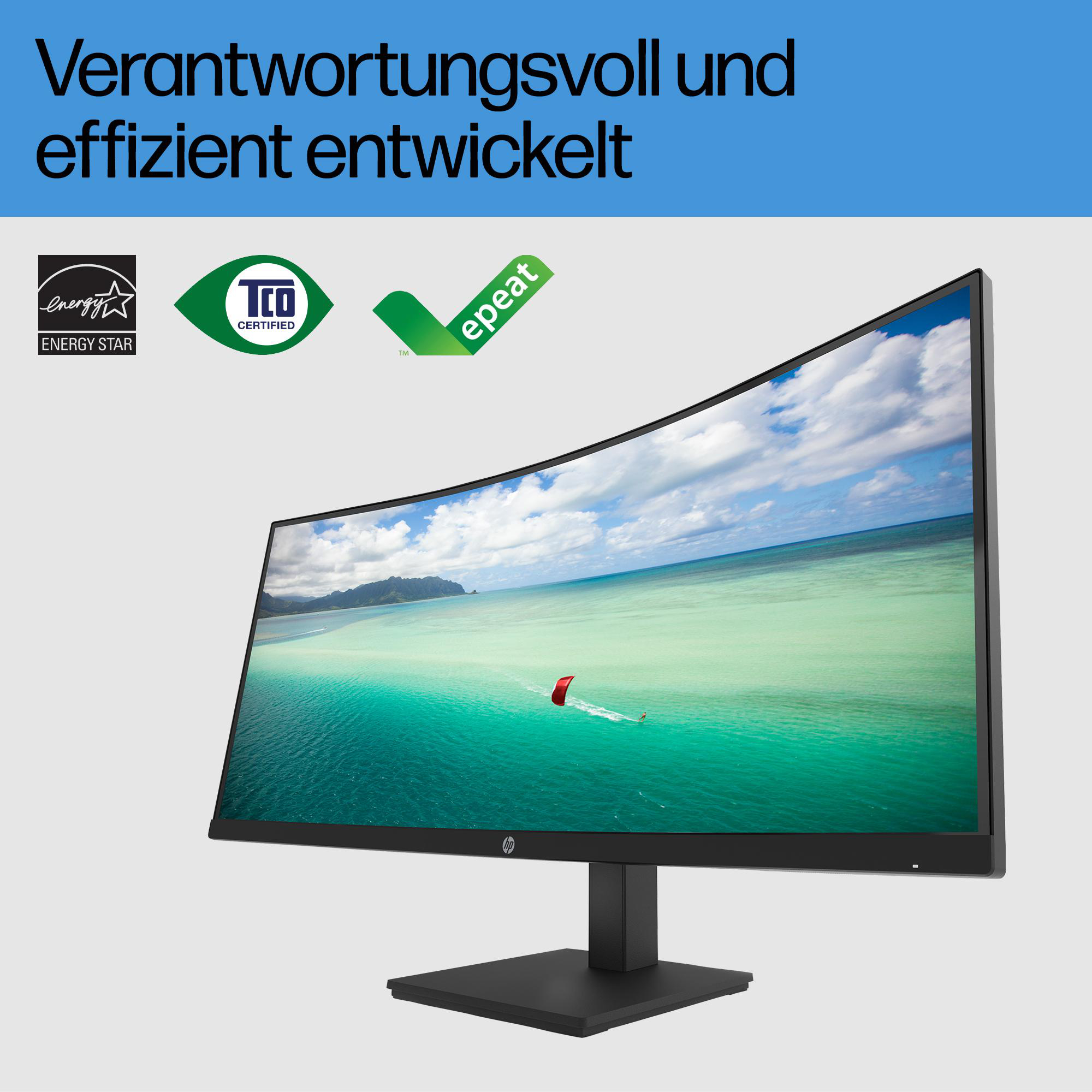 Gebogener Monitor mit Text über Energieeffizienz und Logos vor hellem Hintergrund.