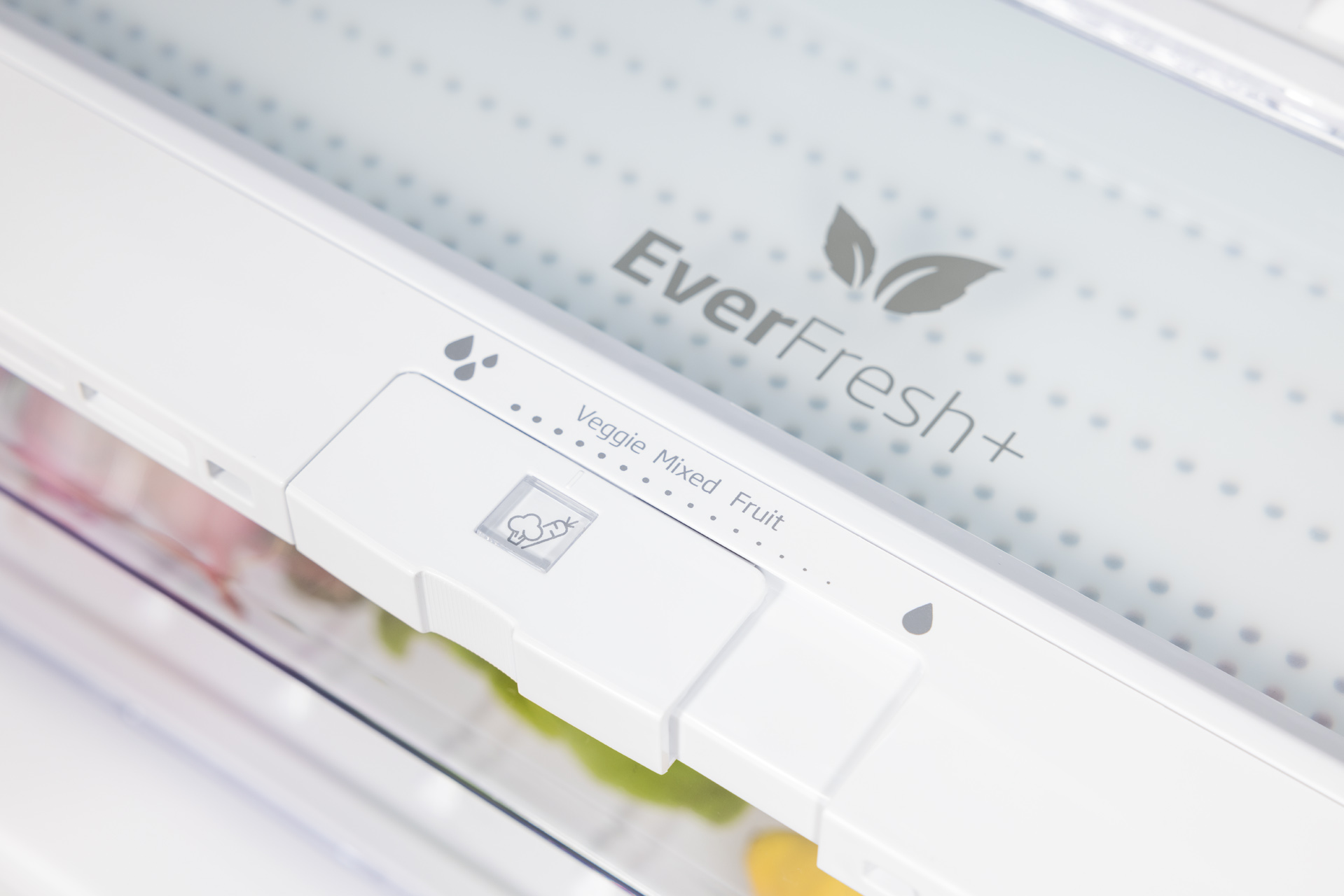 Wnętrze komory lodówki. Biały plastik z napisem 'EverFresh+' i obrazami owoców.