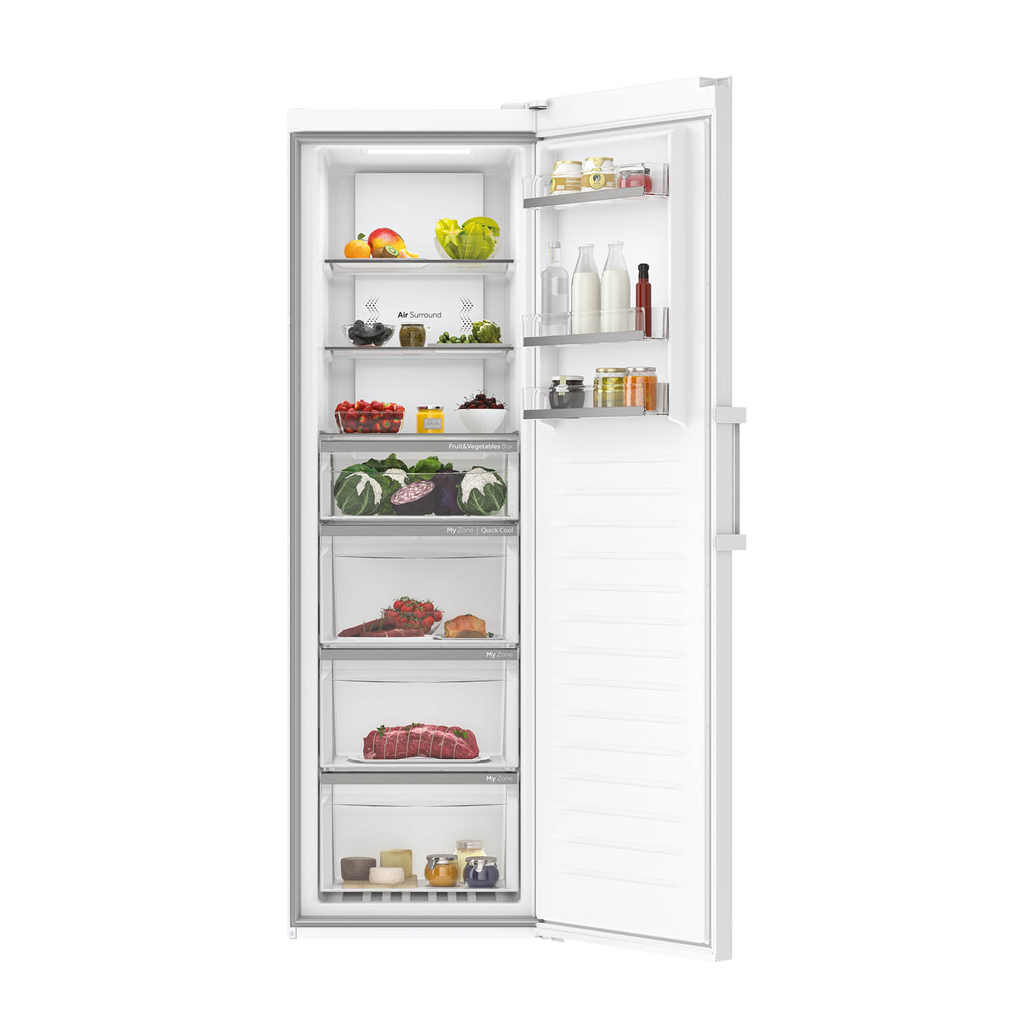 Un frigorifero bianco aperto. All'interno: ripiani con cibo: frutta, verdura, bevande e carne.