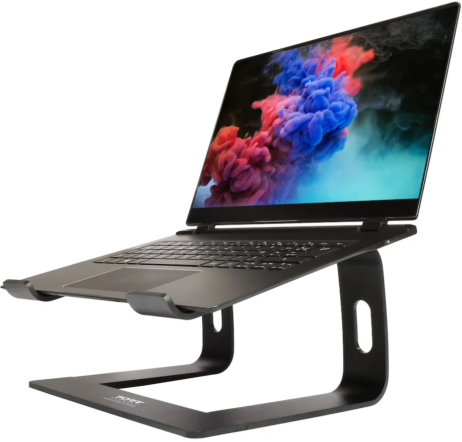 Laptop auf einem schwarzen Ständer. Das Laptop ist geöffnet und zeigt ein farbenfrohes Bild.