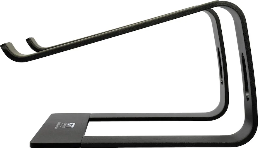 Ein schwarzer Laptopständer aus Metall mit geschwungenem Design und flacher Basis.