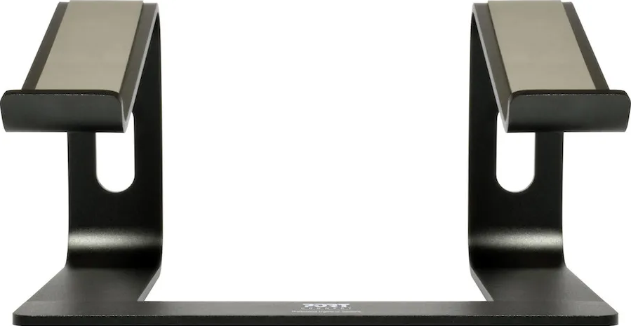 Schwarzer Laptop-Ständer aus Metall, mit zwei Halterungen für den Laptop. Weißer Hintergrund.