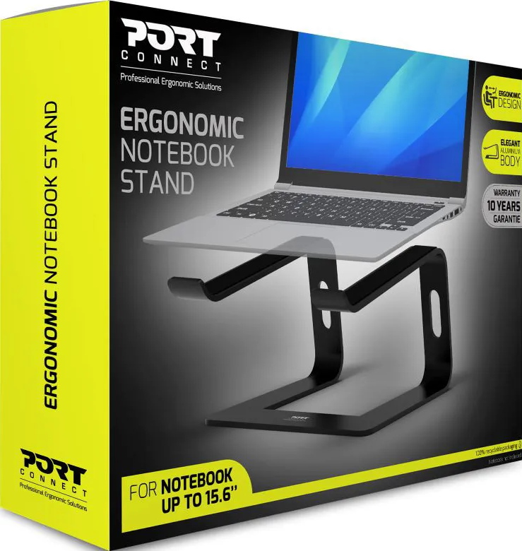 Ergonomischer Notebookständer in einer Box. Der Ständer ist schwarz und unterstützt einen Laptop. Text auf der Box.