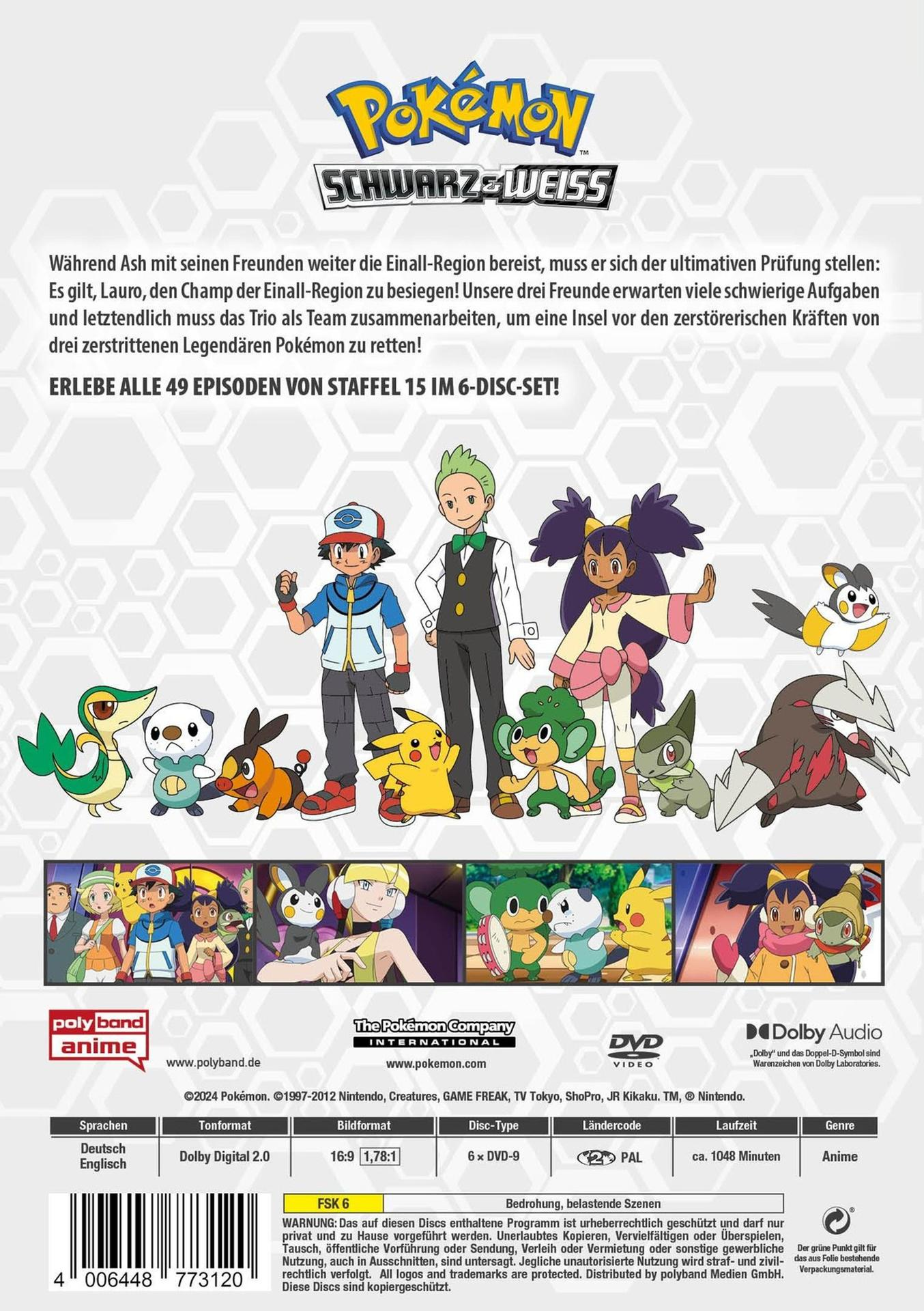 Rückseite einer DVD-Hülle für Pokémon, mit Charakteren und einer Zusammenfassung in mehreren Sprachen.