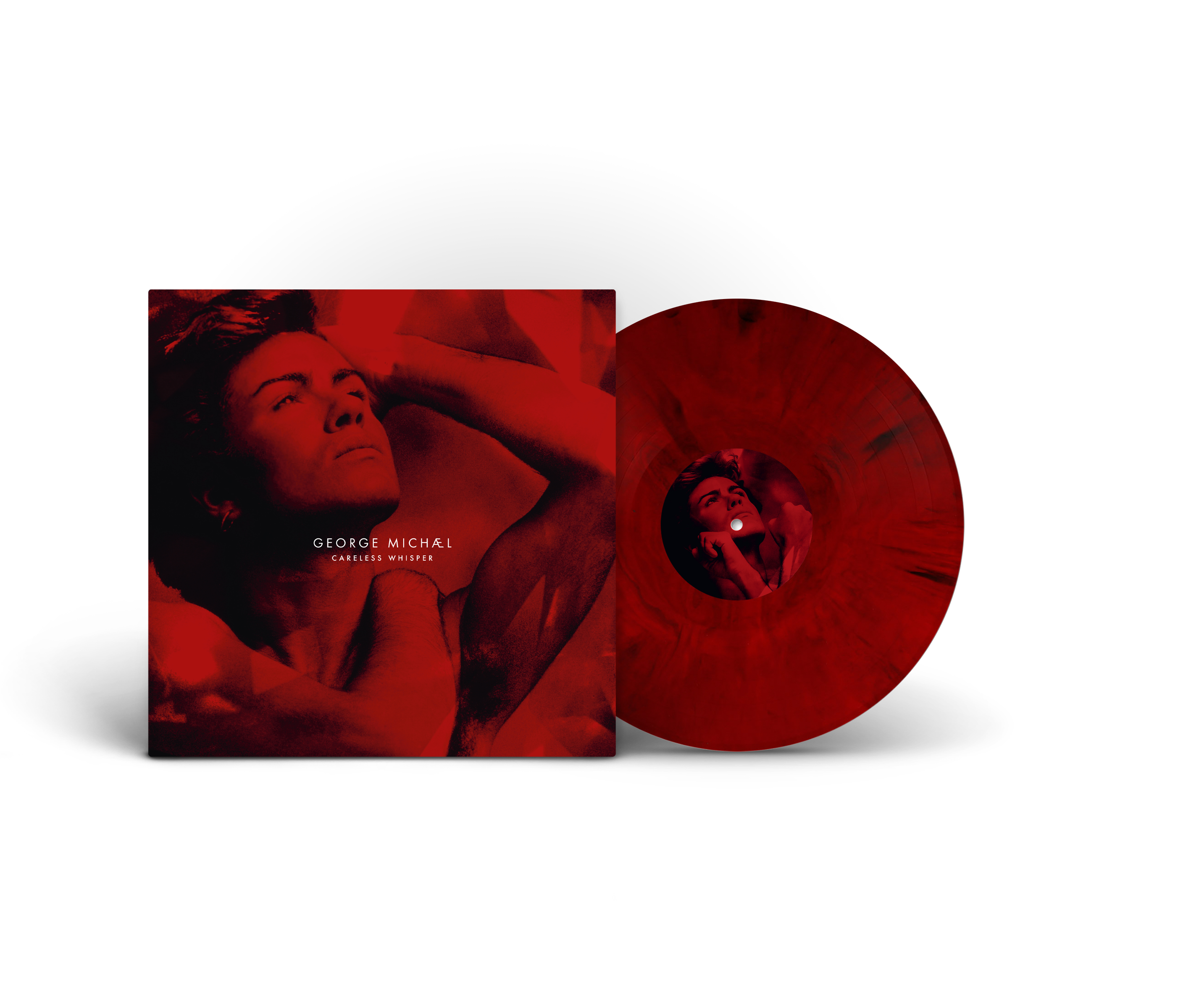 George Michael, rot-themenbezogenes Albumcover, Vinyl-Schallplatte sichtbar. Gesicht und Titel.