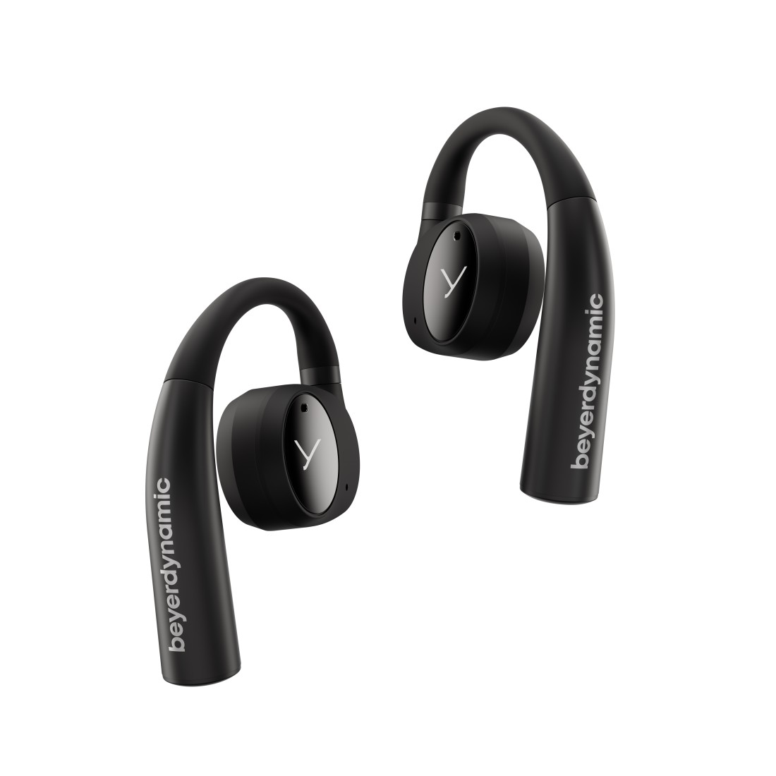 Zwei schwarze kabellose Beyerdynamic-Ohrhörer mit einem weißen 'Y'-Logo auf jedem Ohrhörer, isoliert auf weißem Hintergrund.