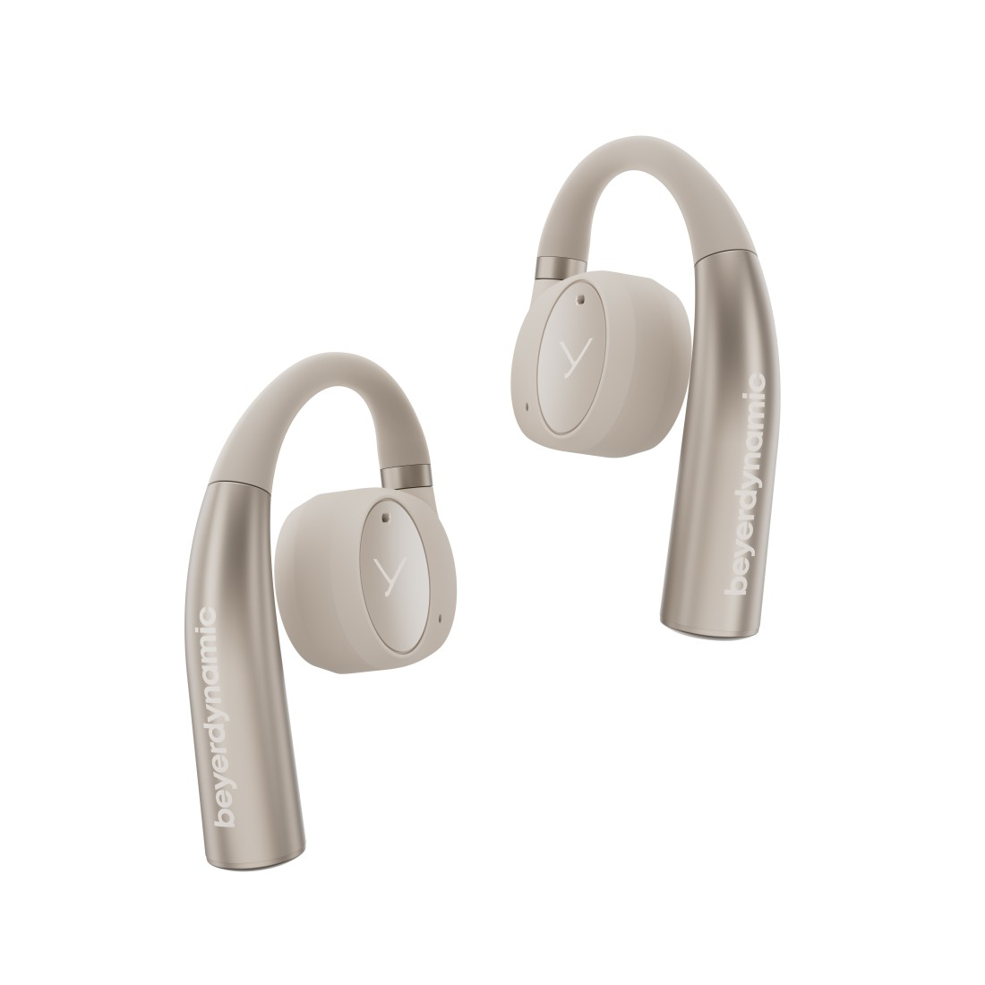 Zwei kabellose, beige Ohrhörer. Jeder hat einen gebogenen Arm und einen kreisförmigen Ohrhörer mit einem 'Y'-Logo. Marke 'beyerdynamic'.