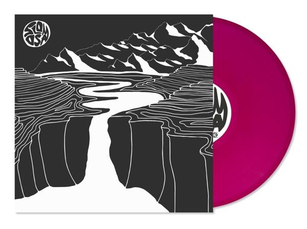 Albumcover mit Bergen, Fluss und einer pinkfarbenen Vinyl-Schallplatte.
