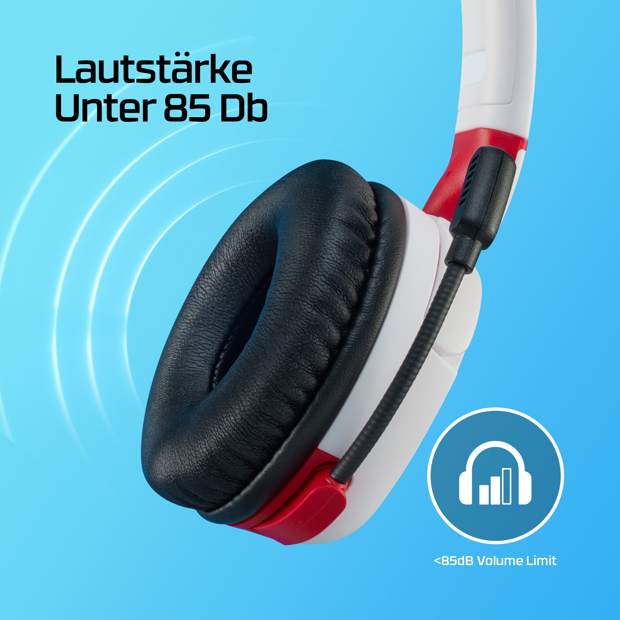 Kopfhörer mit schwarzen Ohrmuscheln und weißem Rahmen. Rote Akzente. Text: Lautstärke Unter 85 Db. Symbol mit Lautstärkebegrenzung.