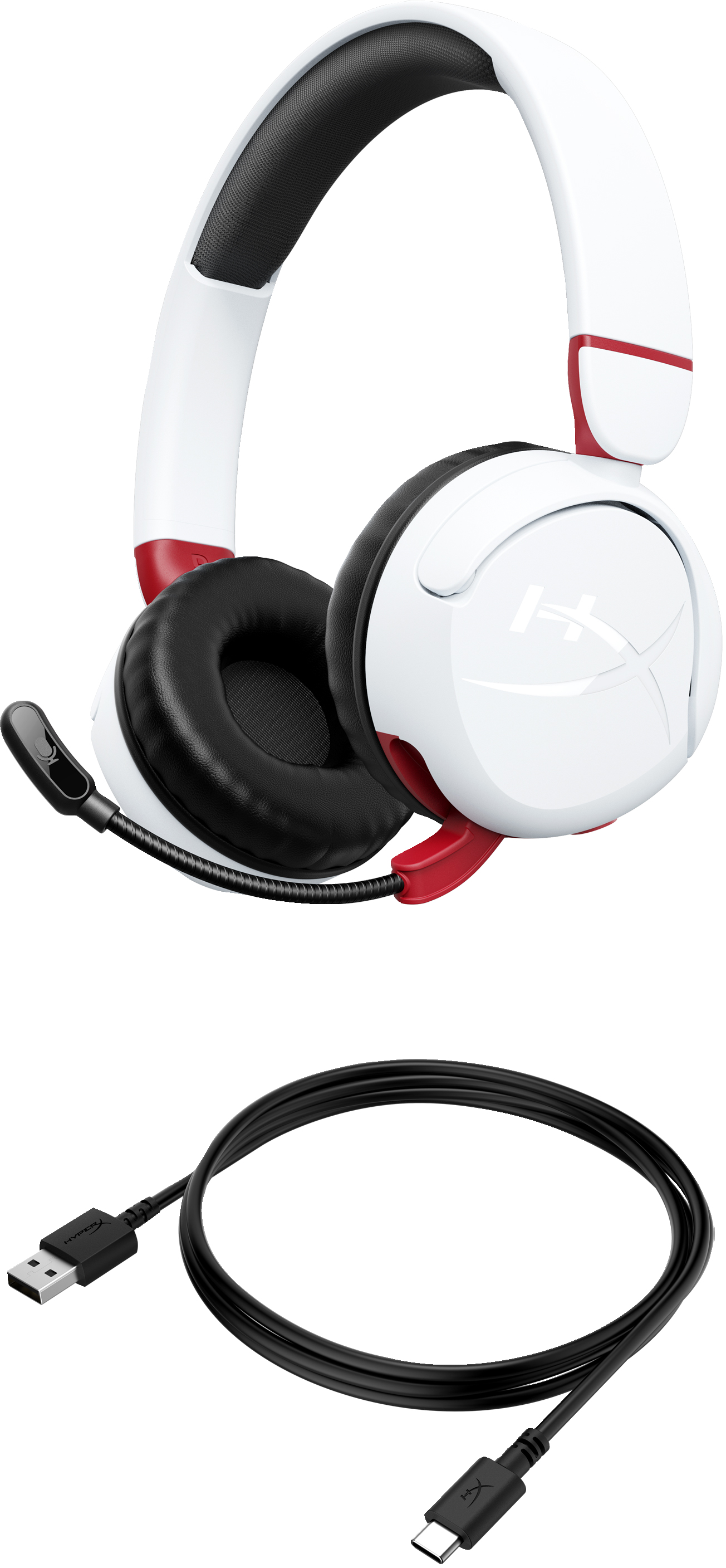 Weißes und rotes Gaming-Headset mit schwarzen Ohrmuscheln und Mikrofon. Ein schwarzes USB-C-Kabel ist ebenfalls vorhanden.