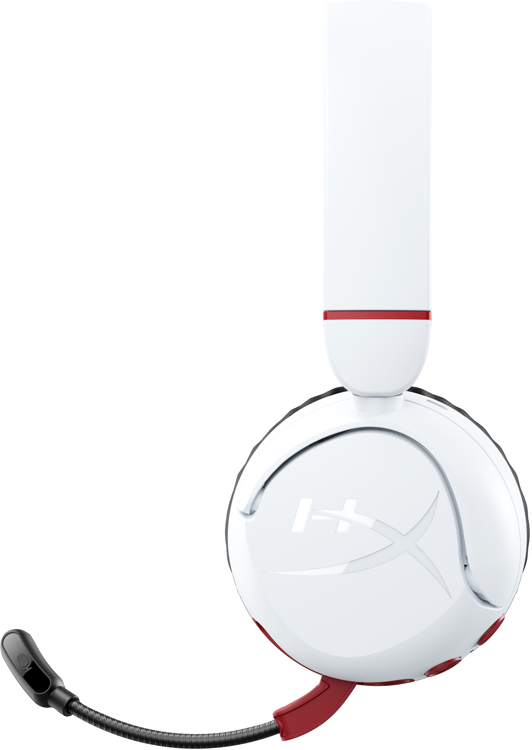Weißes Gaming-Headset mit roten Akzenten und einem schwarzen Mikrofon auf weißem Hintergrund.