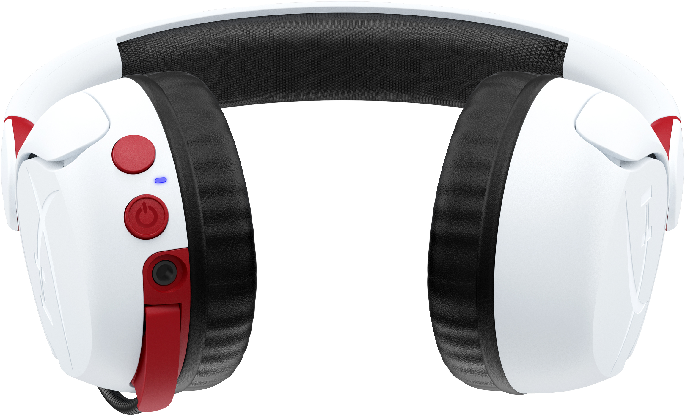 Weißes Headset mit roten Akzenten und schwarzen Ohrmuscheln. Ein-/Aus-Taste und Lautstärketasten sind rot. Schwarzes, netzartiges Material oben.