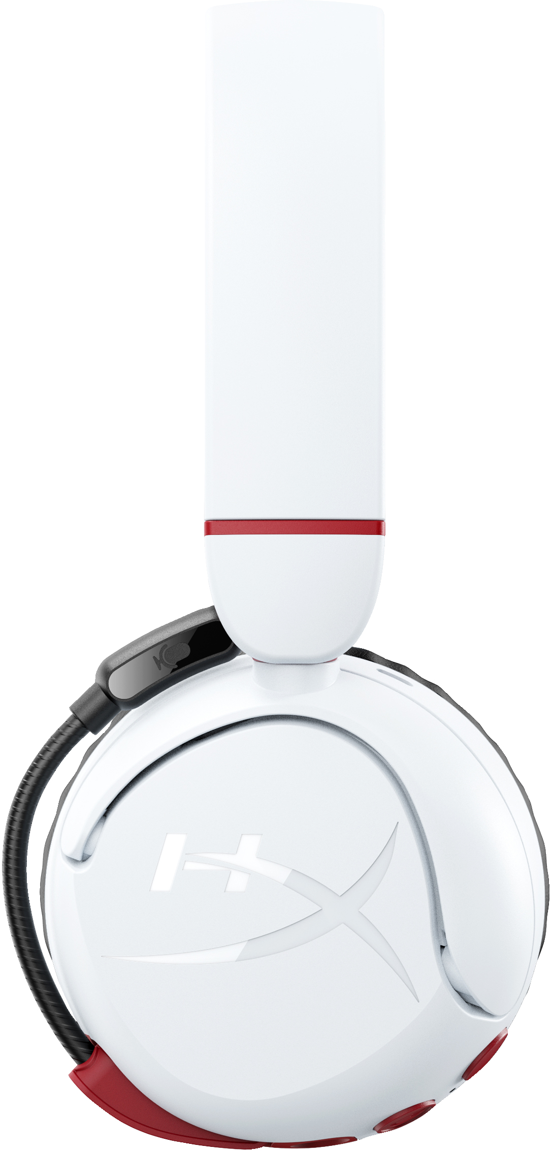 Weißes und rotes Gaming-Headset. Es hat einen langen weißen Arm und eine runde Ohrmuschel mit dem HyperX-Logo. Schwarzes Mikrofon.