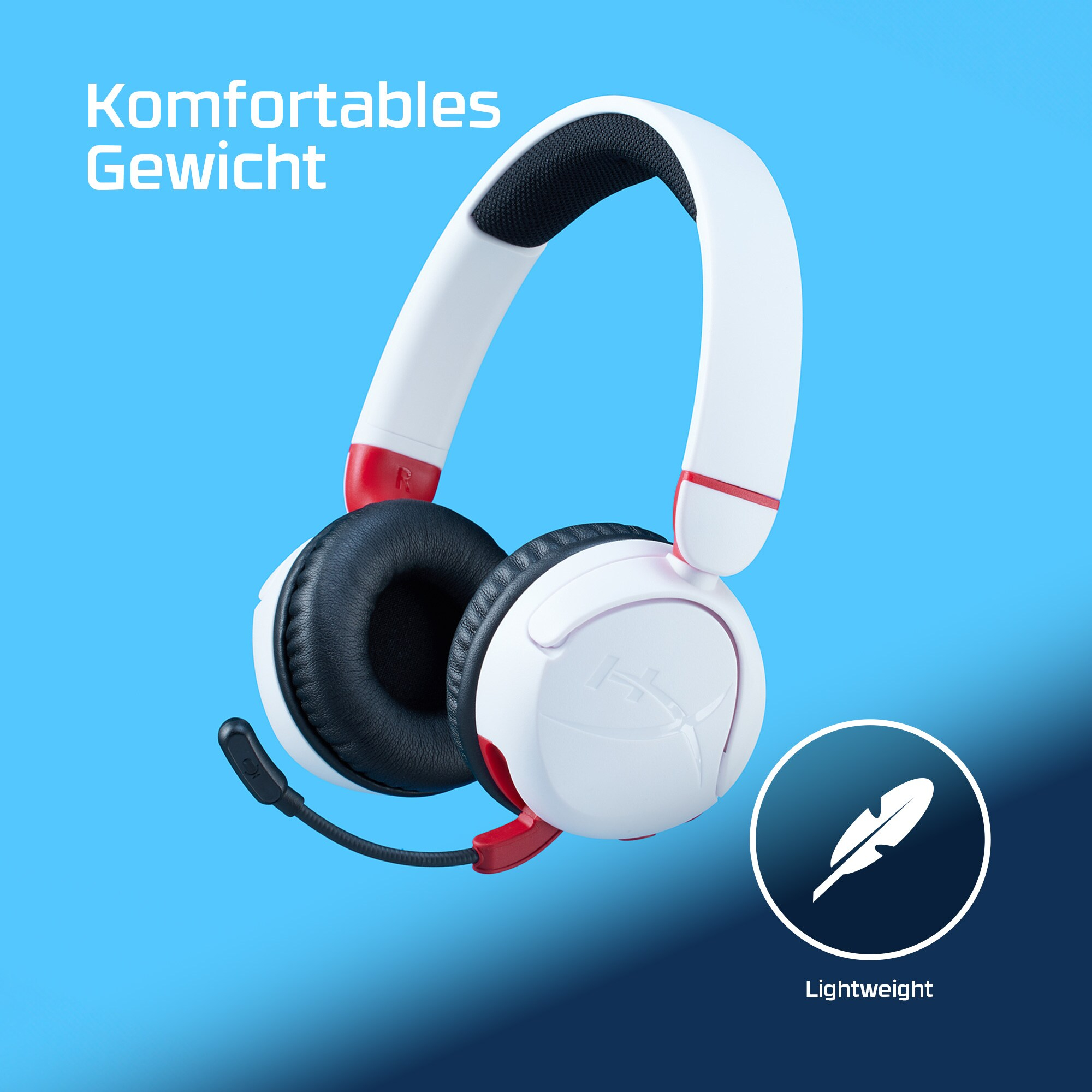 Weißes und rotes Headset mit Mikrofon auf blauem Hintergrund. Text: 'Komfortables Gewicht' und 'Lightweight'.