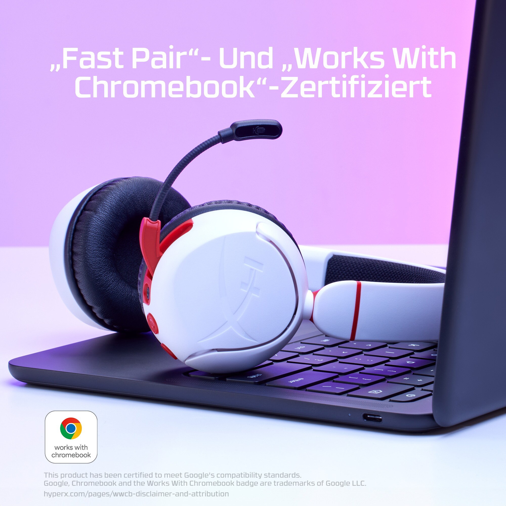 Weiße und rote Kopfhörer auf einer Laptop-Tastatur. Text sagt 'Fast Pair' und 'Works With Chromebook'.