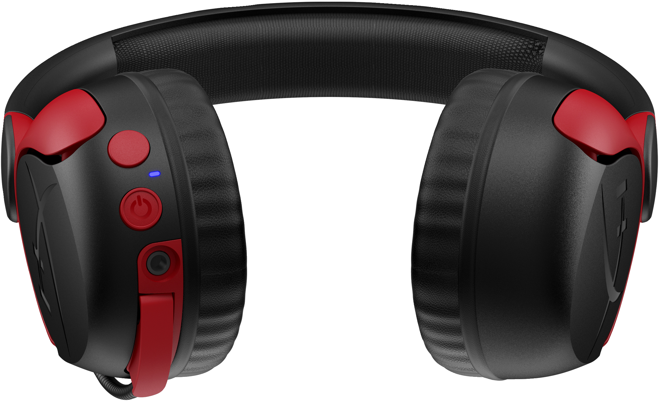 Schwarzes und rotes Gaming-Headset mit Ein-/Aus-Taste, Lautstärkeregelung und gepolsterten Ohrmuscheln. Der Hintergrund ist weiß.