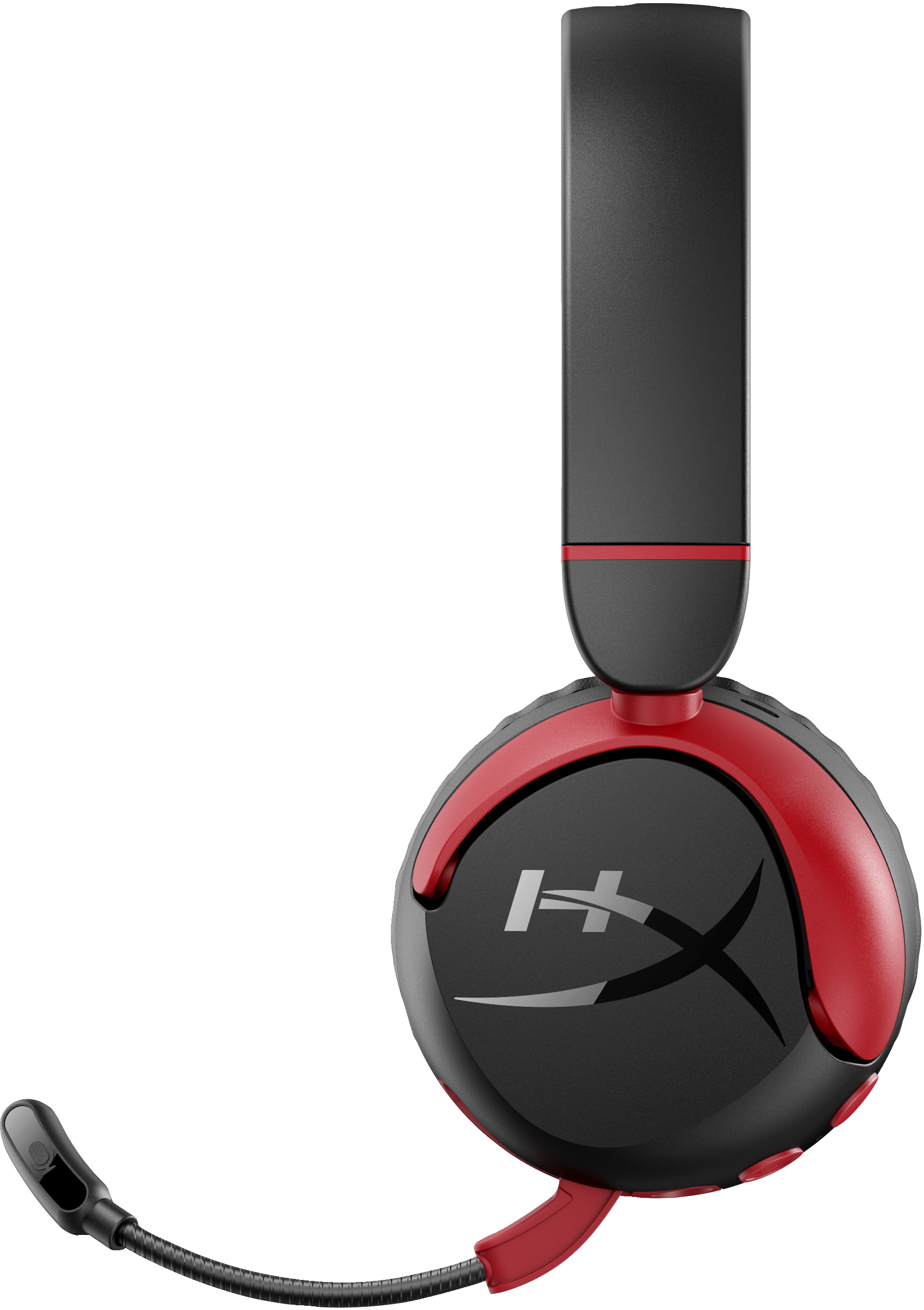 Schwarzes und rotes Gaming-Headset. Das Headset hat ein Mikrofon. Weißer Hintergrund.