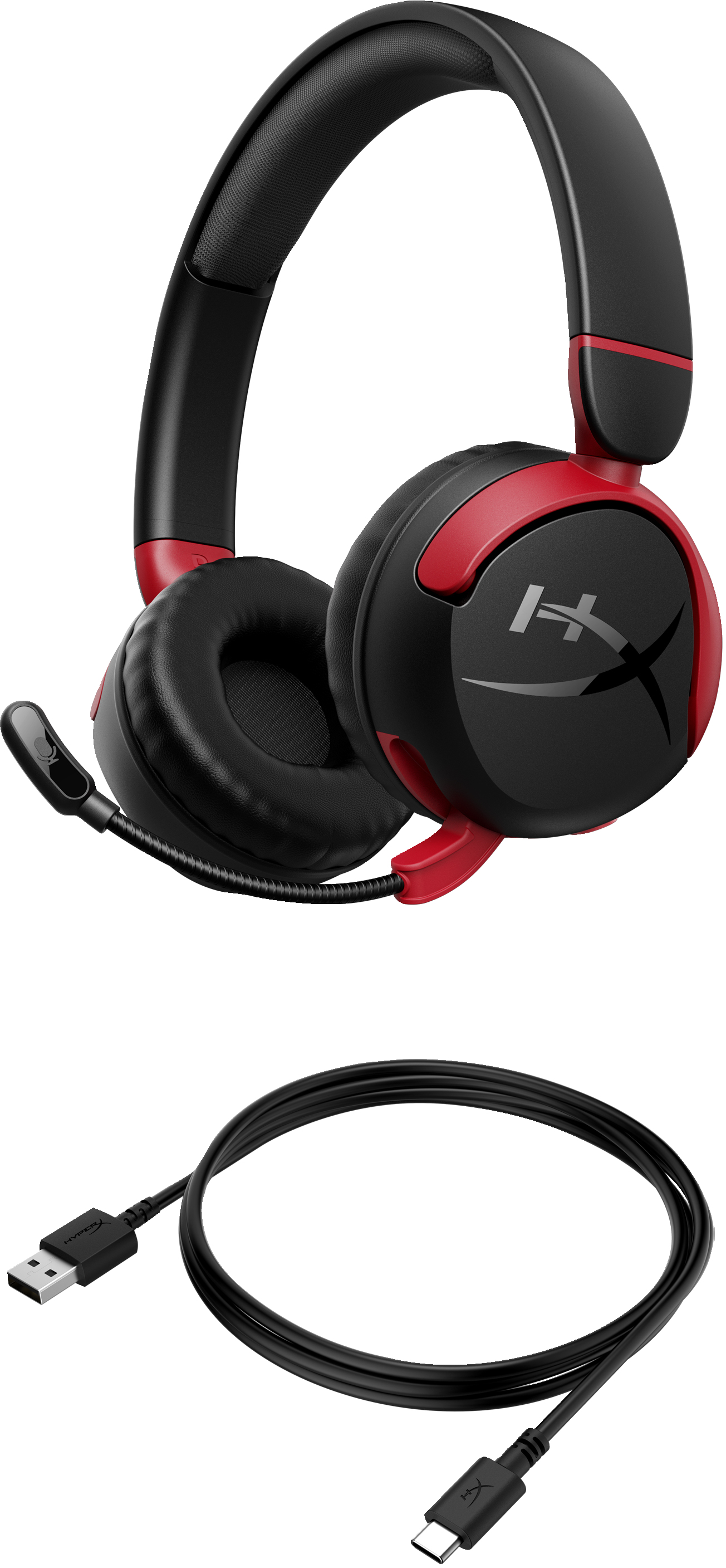 Schwarzes und rotes HyperX-Gaming-Headset mit Mikrofon und schwarzem USB-C-Kabel. Weißer Hintergrund.