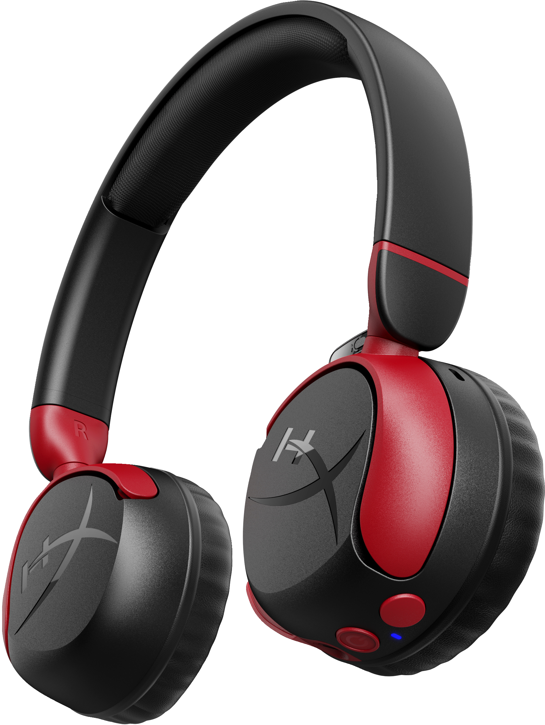 Schwarze und rote drahtlose HyperX-Kopfhörer. Schwarze Ohrmuscheln mit Logo und roten Akzenten. Weißer Hintergrund.