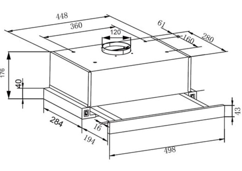 Rysunek techniczny okapu kuchennego, pokazujący wymiary i cechy.