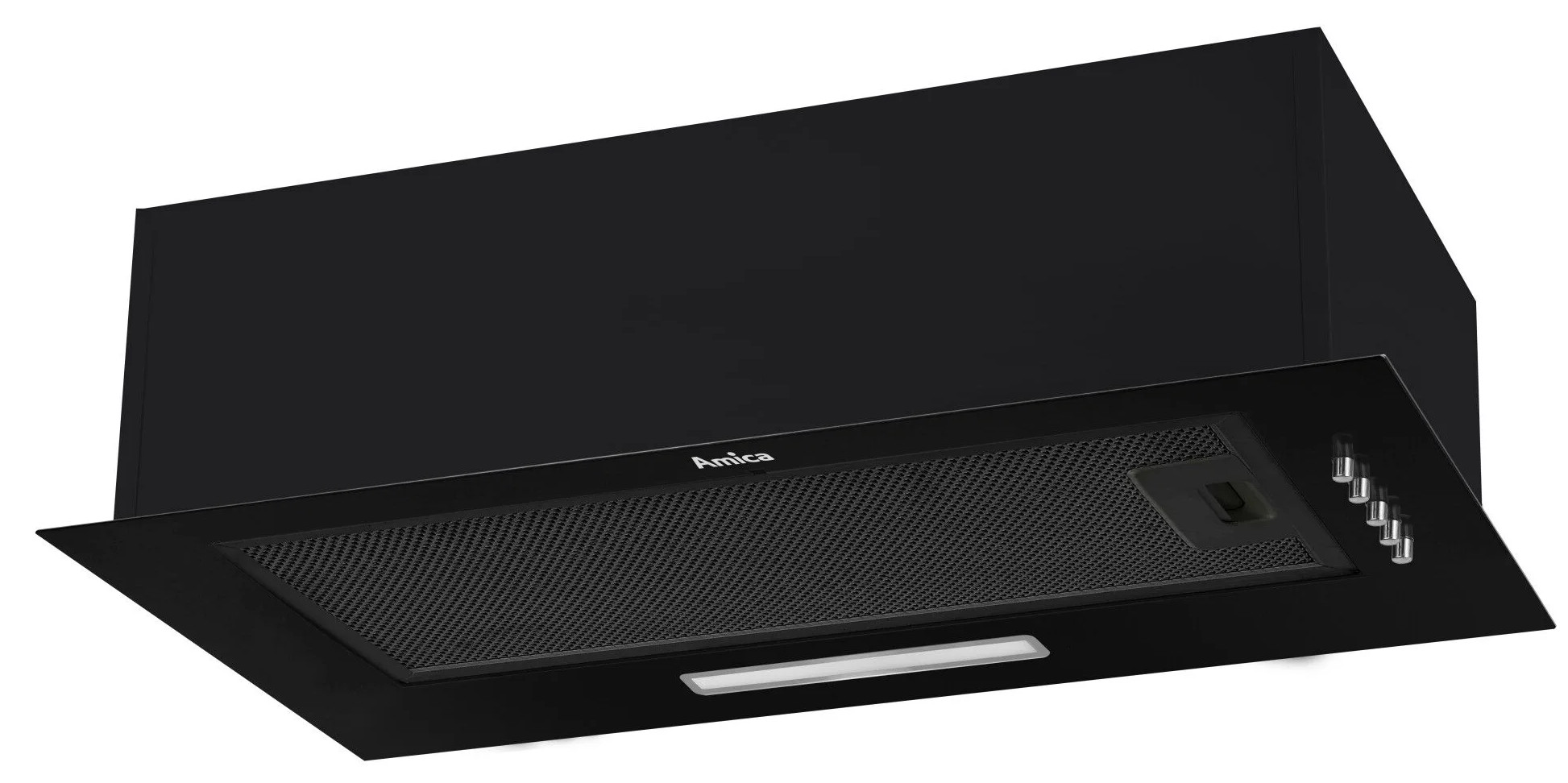 Czarny, kątowy okap z logo firmy.