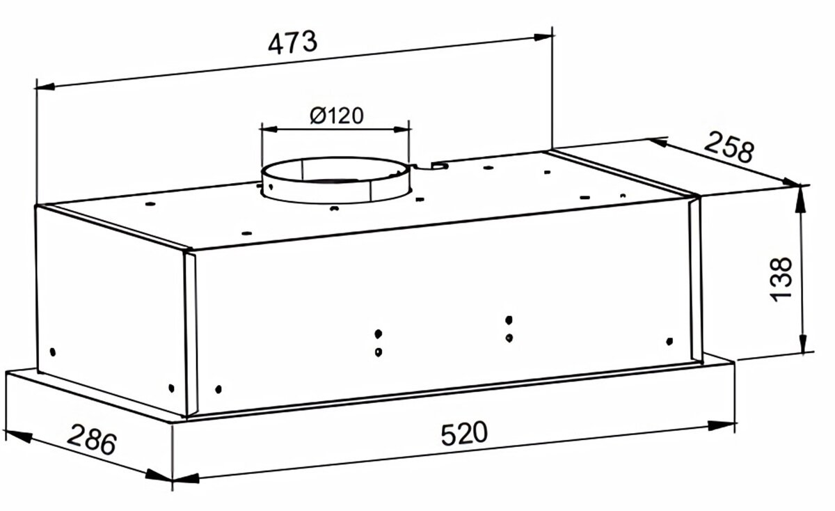 Rysunek techniczny prostokątnego okapu z wymiarami. Okap ma kształt pudełka z okrągłym otworem wentylacyjnym na górze.