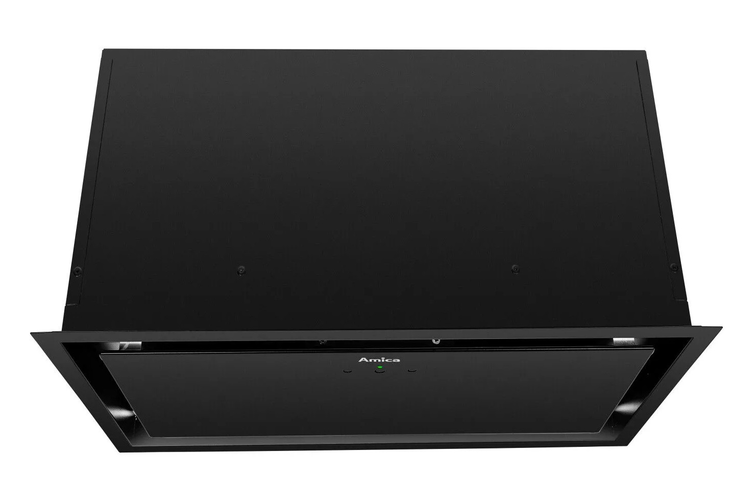 Czarny okap kuchenny z czarnym szklanym panelem, czarną ramą i logo Amica.