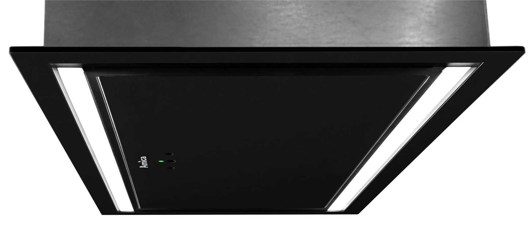 Czarny okap z dwoma białymi światłami LED i zielonym wskaźnikiem zasilania. Widoczna marka Amica.