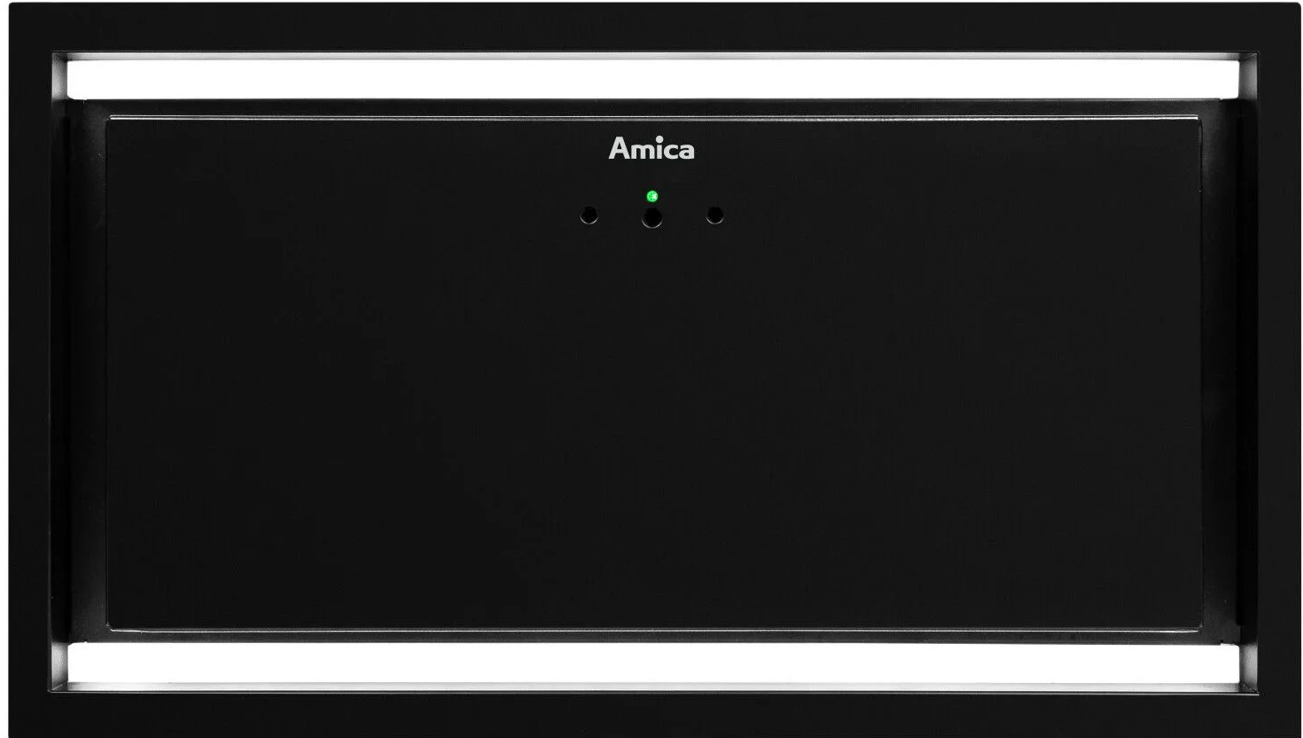 Czarny okap kuchenny z marką Amica i dwoma białymi światłami LED na górze i na dole.
