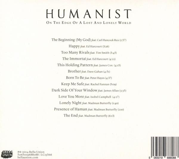 CD-Rückseite mit Titelliste und Bandname 'Humanist' auf einer Nachtszene einer verlorenen Welt.